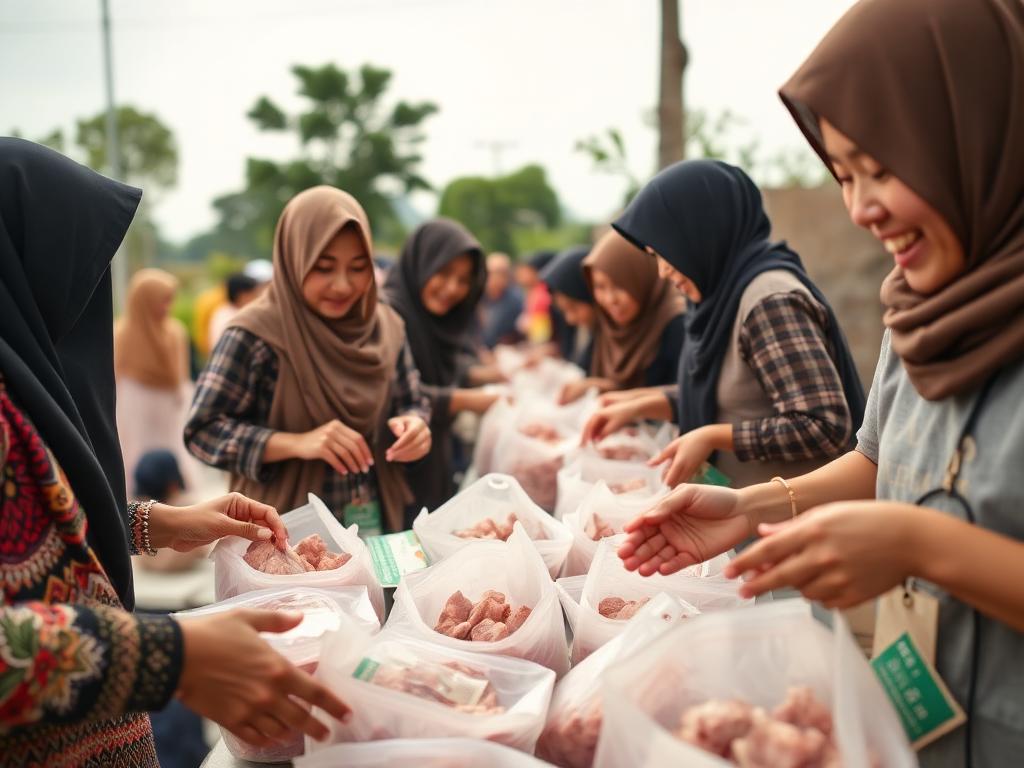 Panitia mengemas daging qurban untuk warga